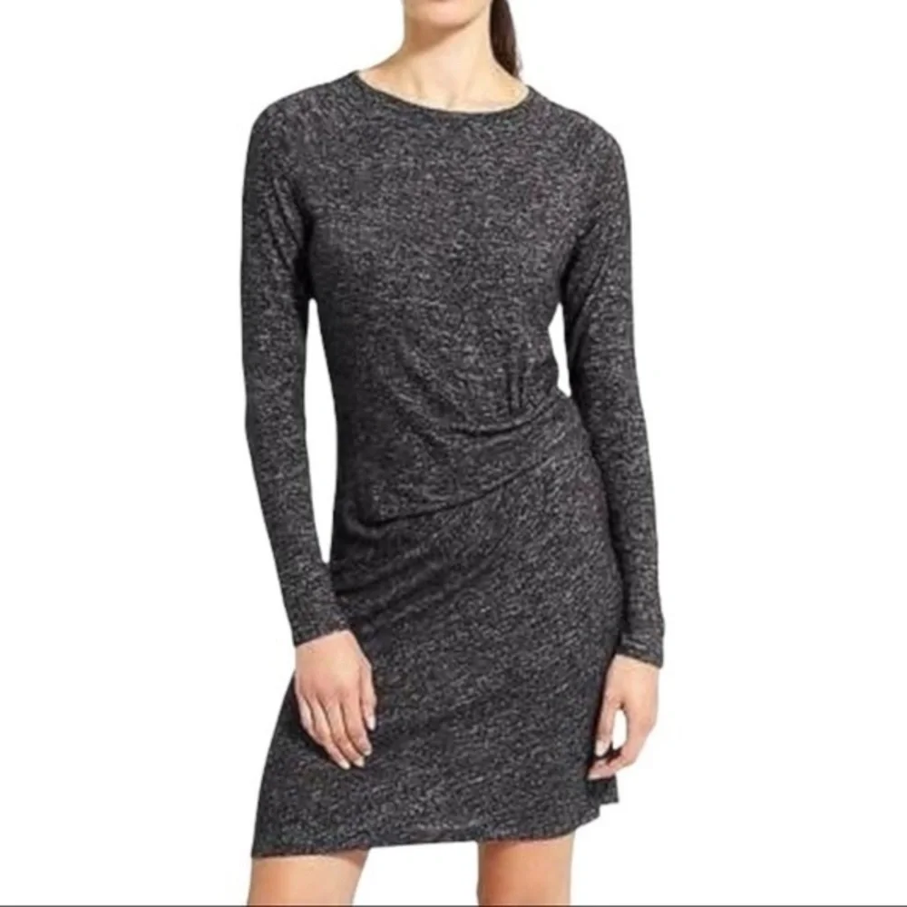 Athleta Solitude Black Marled Gathered Long sleeve knit dress O19